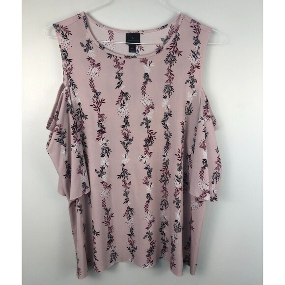 Worthington Pink Floral Cold Shoulder Short Sleeve Blouse Siz XL Raw Hem Stretch - Picture 1 of 9